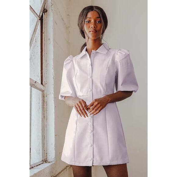 LULUS Lavender Vegan Leather Puff Sleeve Button-Up Dress, Size Large - Picture 4 of 15
